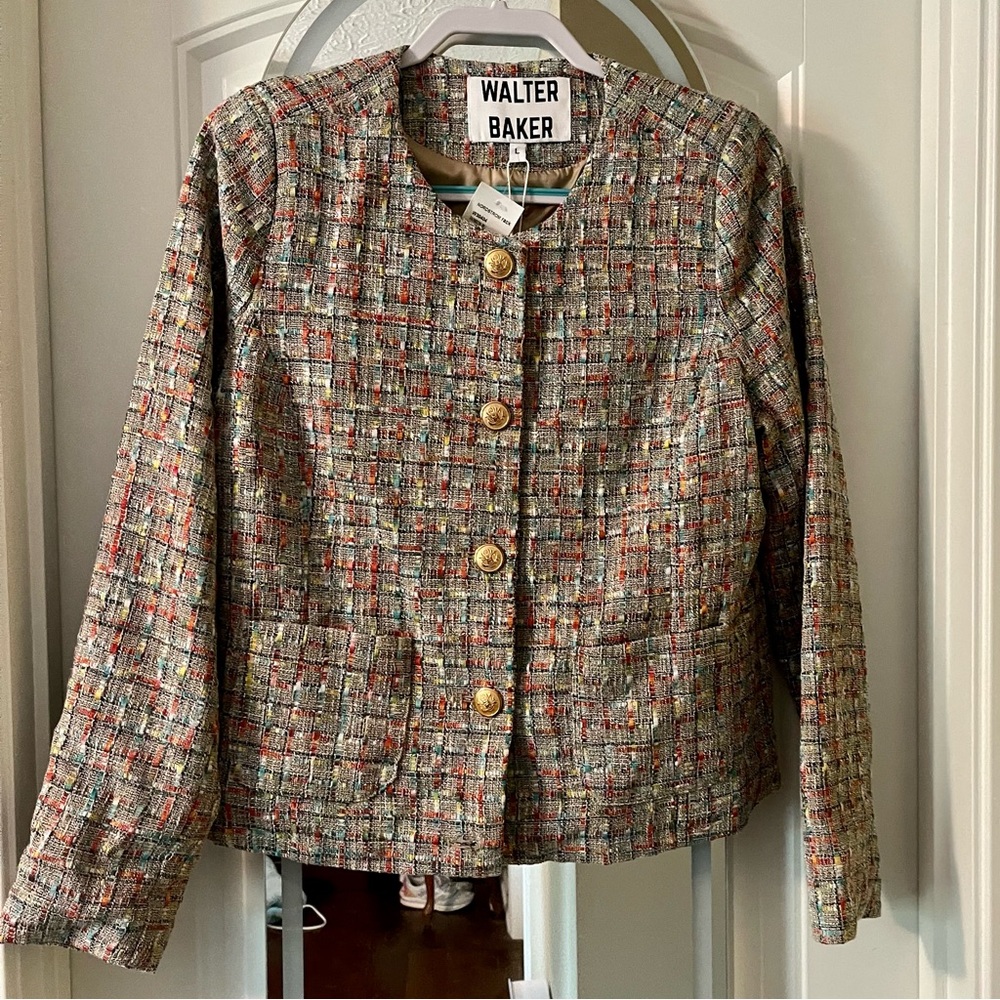 Gorgeous Walter Baker Tweed fully lined Large Blazer gold buttons NWT